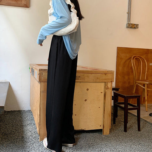 ストレートパンツ 美脚 セミワイドパンツ レディース ハイウエスト スーツパンツ 通勤 OL オフィス ロングパンツ 薄手ウエスト紐調節 ボトムス 春秋夏きれいめ 2YUEYH-009