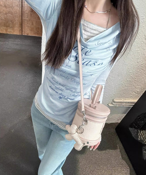 ドレープネックトップスレイヤード風ロゴT レディースカウルネックロンT重ね着風 細身Tシャツ長袖 シアーロングtシャツ薄手プルオーバー韓国風レタリングT Y2K風 2YUNYK-001