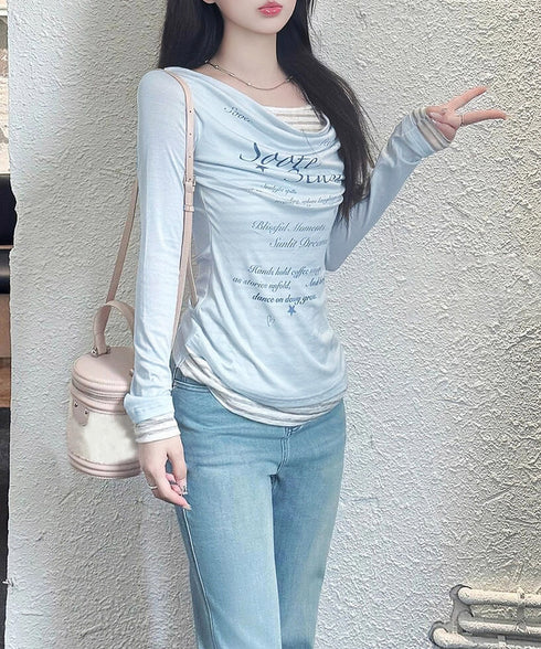 ドレープネックトップスレイヤード風ロゴT レディースカウルネックロンT重ね着風 細身Tシャツ長袖 シアーロングtシャツ薄手プルオーバー韓国風レタリングT Y2K風 2YUNYK-001