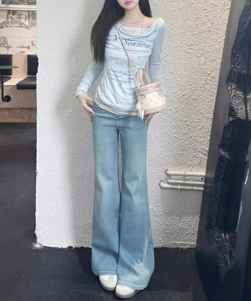 ドレープネックトップスレイヤード風ロゴT レディースカウルネックロンT重ね着風 細身Tシャツ長袖 シアーロングtシャツ薄手プルオーバー韓国風レタリングT Y2K風 2YUNYK-001