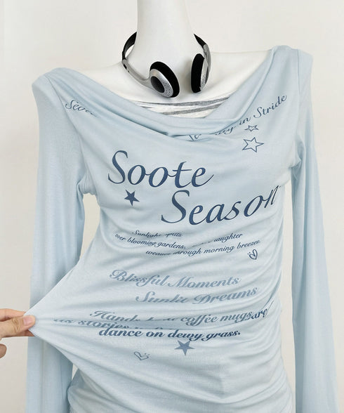 ドレープネックトップスレイヤード風ロゴT レディースカウルネックロンT重ね着風 細身Tシャツ長袖 シアーロングtシャツ薄手プルオーバー韓国風レタリングT Y2K風 2YUNYK-001