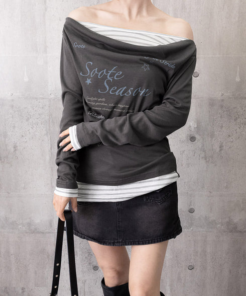 ドレープネックトップスレイヤード風ロゴT レディースカウルネックロンT重ね着風 細身Tシャツ長袖 シアーロングtシャツ薄手プルオーバー韓国風レタリングT Y2K風 2YUNYK-001