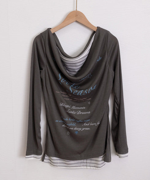 ドレープネックトップスレイヤード風ロゴT レディースカウルネックロンT重ね着風 細身Tシャツ長袖 シアーロングtシャツ薄手プルオーバー韓国風レタリングT Y2K風 2YUNYK-001