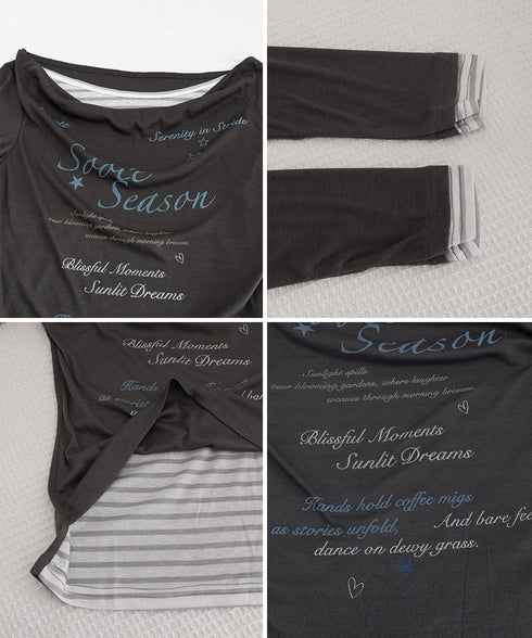 ドレープネックトップスレイヤード風ロゴT レディースカウルネックロンT重ね着風 細身Tシャツ長袖 シアーロングtシャツ薄手プルオーバー韓国風レタリングT Y2K風 2YUNYK-001