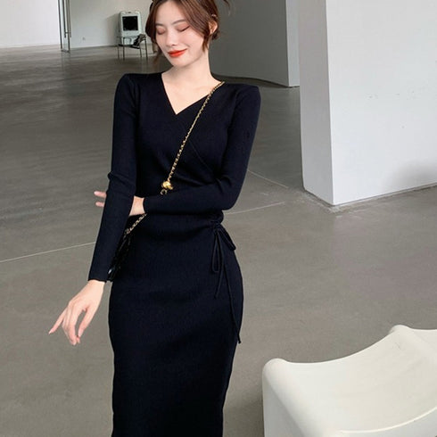 カシュクール リブニットワンピース 秋冬 サイドレースアップ タイトワンピース 大人カジュアル 韓国風 ロングワンピース きれいめ ミモレ丈ワンピース 暖かい 2ZHM-008