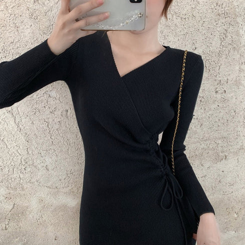 カシュクール リブニットワンピース 秋冬 サイドレースアップ タイトワンピース 大人カジュアル 韓国風 ロングワンピース きれいめ ミモレ丈ワンピース 暖かい 2ZHM-008