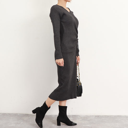 カシュクール リブニットワンピース 秋冬 サイドレースアップ タイトワンピース 大人カジュアル 韓国風 ロングワンピース きれいめ ミモレ丈ワンピース 暖かい 2ZHM-008