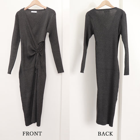 カシュクール リブニットワンピース 秋冬 サイドレースアップ タイトワンピース 大人カジュアル 韓国風 ロングワンピース きれいめ ミモレ丈ワンピース 暖かい 2ZHM-008