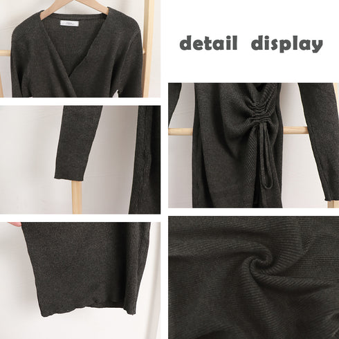 カシュクール リブニットワンピース 秋冬 サイドレースアップ タイトワンピース 大人カジュアル 韓国風 ロングワンピース きれいめ ミモレ丈ワンピース 暖かい 2ZHM-008