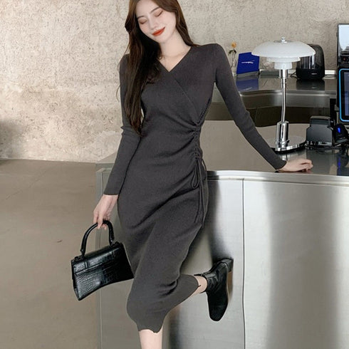 カシュクール リブニットワンピース 秋冬 サイドレースアップ タイトワンピース 大人カジュアル 韓国風 ロングワンピース きれいめ ミモレ丈ワンピース 暖かい 2ZHM-008
