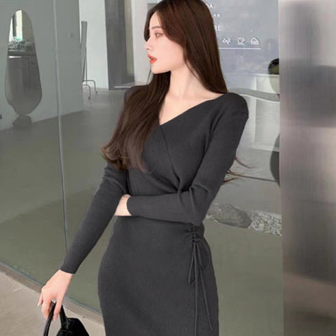 カシュクール リブニットワンピース 秋冬 サイドレースアップ タイトワンピース 大人カジュアル 韓国風 ロングワンピース きれいめ ミモレ丈ワンピース 暖かい 2ZHM-008