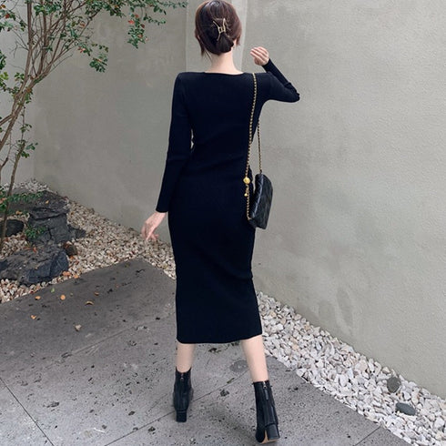カシュクール リブニットワンピース 秋冬 サイドレースアップ タイトワンピース 大人カジュアル 韓国風 ロングワンピース きれいめ ミモレ丈ワンピース 暖かい 2ZHM-008