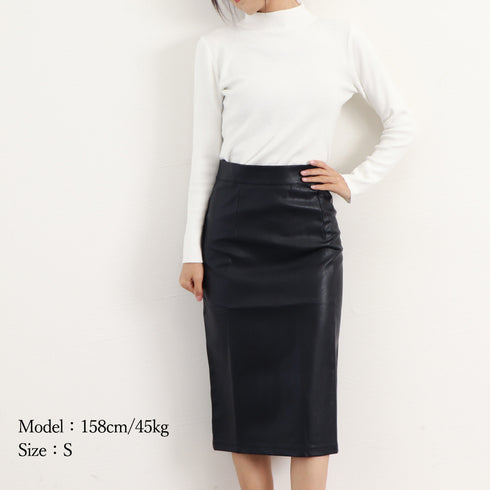 レザースカートタイトスカートミディ丈OL レディース 韓国風 ハイウエストフェイクレザースカート 美脚フィット感 バックスリット Aラインスカート 秋冬 きれいめ 2ZHM-010