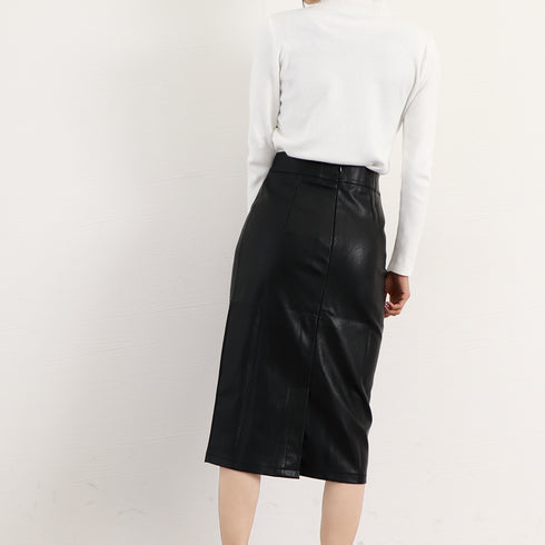 レザースカートタイトスカートミディ丈OL レディース 韓国風 ハイウエストフェイクレザースカート 美脚フィット感 バックスリット Aラインスカート 秋冬 きれいめ 2ZHM-010