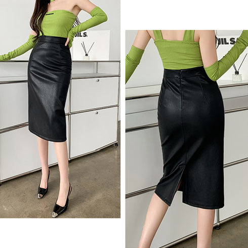 レザースカートタイトスカートミディ丈OL レディース 韓国風 ハイウエストフェイクレザースカート 美脚フィット感 バックスリット Aラインスカート 秋冬 きれいめ 2ZHM-010