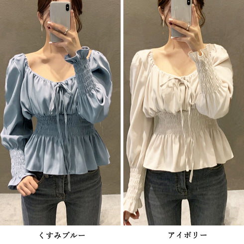 ウエストシャーリングブラウス レディース おしゃれ 長袖ブラウス フェミニン トップス 着やせ ギャザスリーブ シャツブラウス キレイめカジュアル 大人女性春秋服 2ZHM-019