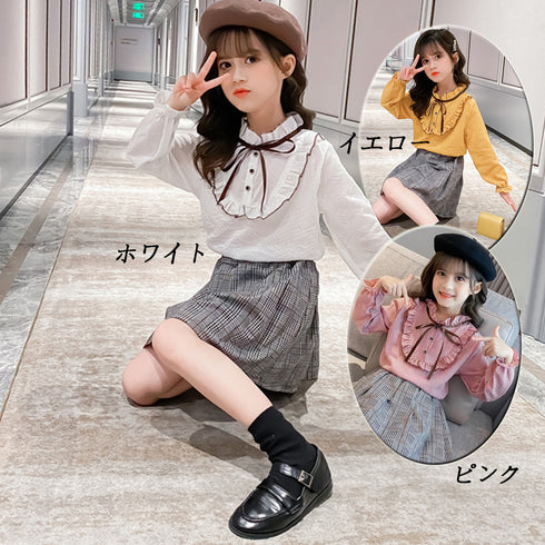 キッズ セットアップ 女の子 シャツ キッズ セットアップ 女の子 シャツ スカート 2点セット 長袖 おしゃれ カジュアル 秋冬 小学生 通学着 33AXL-004