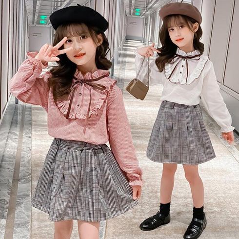 キッズ セットアップ 女の子 シャツ キッズ セットアップ 女の子 シャツ スカート 2点セット 長袖 おしゃれ カジュアル 秋冬 小学生 通学着 33AXL-004