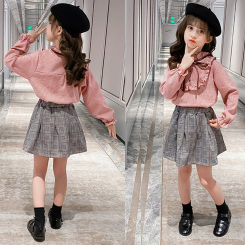 キッズ セットアップ 女の子 シャツ キッズ セットアップ 女の子 シャツ スカート 2点セット 長袖 おしゃれ カジュアル 秋冬 小学生 通学着 33AXL-004