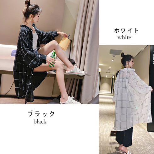ロング カーディガン チェック柄シャツ ブラウス レディース 長袖 韓国ファッション UV対策 冷房対策 トップス 夏サマー 33DW-004