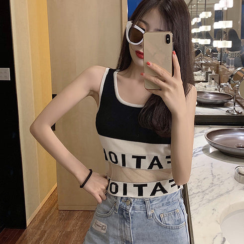 タンクトップ ノースリーブ キャミソール インナー 重ね着 セクシー カジュアル チュール切り替え ショート丈 夏 リブニット 33DW-010