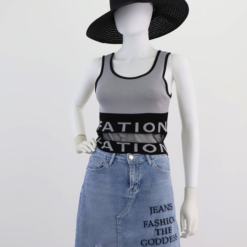 タンクトップ ノースリーブ キャミソール インナー 重ね着 セクシー カジュアル チュール切り替え ショート丈 夏 リブニット 33DW-010