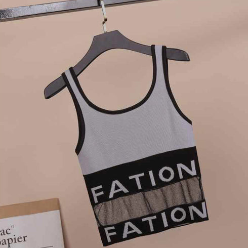 タンクトップ ノースリーブ キャミソール インナー 重ね着 セクシー カジュアル チュール切り替え ショート丈 夏 リブニット 33DW-010