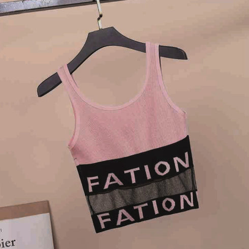 タンクトップ ノースリーブ キャミソール インナー 重ね着 セクシー カジュアル チュール切り替え ショート丈 夏 リブニット 33DW-010