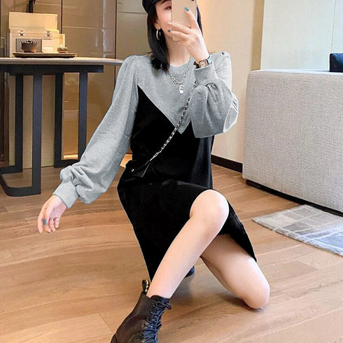 Tシャツワンピース 切替 レイヤード風 レディース 長袖 重ね着風 春秋冬 異素材 ゆったりAラインワンピース カジュアル ショート丈 マタニティウェア 33DW-034