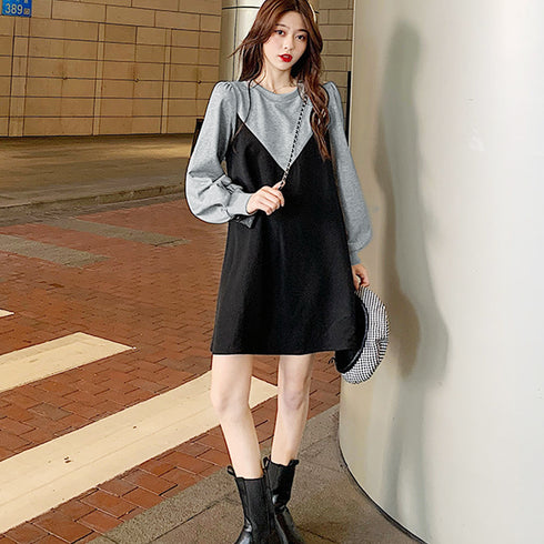 Tシャツワンピース 切替 レイヤード風 レディース 長袖 重ね着風 春秋冬 異素材 ゆったりAラインワンピース カジュアル ショート丈 マタニティウェア 33DW-034