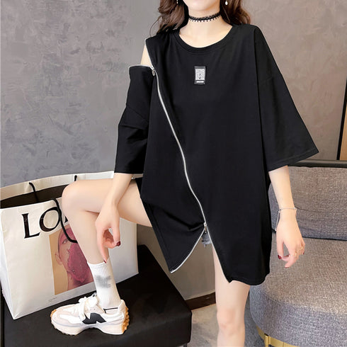 ロング ロゴtシャツ カットソー 半袖 レディース 夏服 Tシャツ 体型カバー ファスナー付き 肌見せ プルオーバー カジュアル トップス 33DW-046