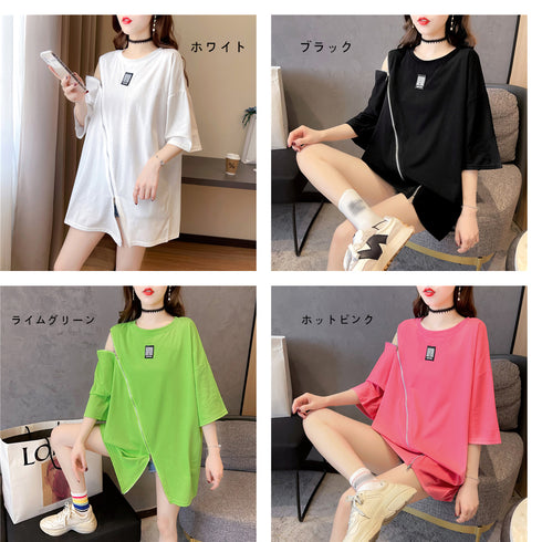 ロング ロゴtシャツ カットソー 半袖 レディース 夏服 Tシャツ 体型カバー ファスナー付き 肌見せ プルオーバー カジュアル トップス 33DW-046