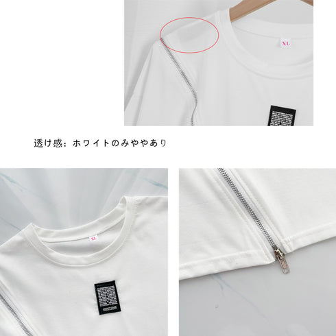 ロング ロゴtシャツ カットソー 半袖 レディース 夏服 Tシャツ 体型カバー ファスナー付き 肌見せ プルオーバー カジュアル トップス 33DW-046