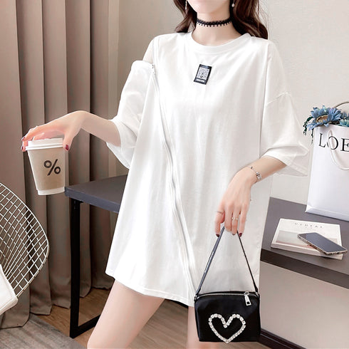 ロング ロゴtシャツ カットソー 半袖 レディース 夏服 Tシャツ 体型カバー ファスナー付き 肌見せ プルオーバー カジュアル トップス 33DW-046