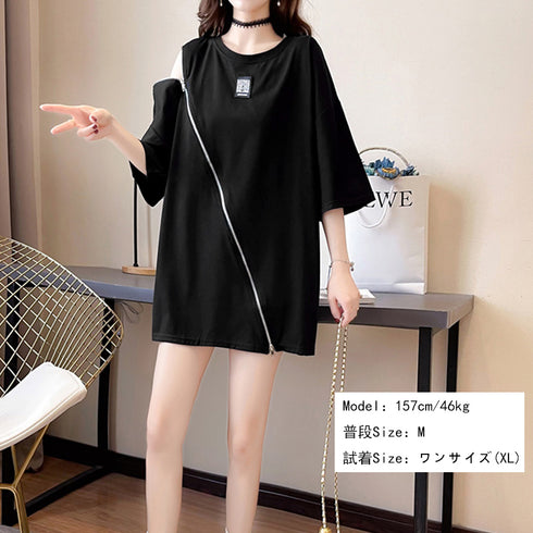 ロング ロゴtシャツ カットソー 半袖 レディース 夏服 Tシャツ 体型カバー ファスナー付き 肌見せ プルオーバー カジュアル トップス 33DW-046