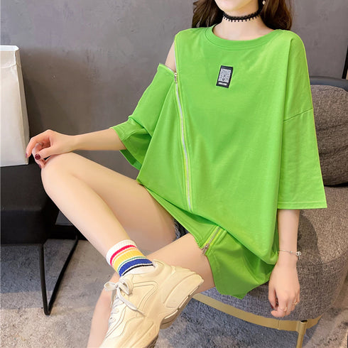 ロング ロゴtシャツ カットソー 半袖 レディース 夏服 Tシャツ 体型カバー ファスナー付き 肌見せ プルオーバー カジュアル トップス 33DW-046