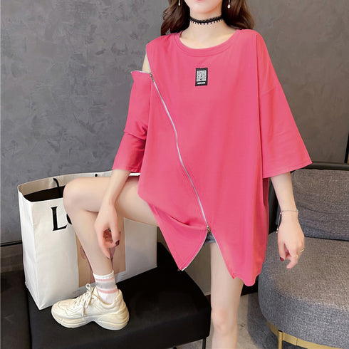 ロング ロゴtシャツ カットソー 半袖 レディース 夏服 Tシャツ 体型カバー ファスナー付き 肌見せ プルオーバー カジュアル トップス 33DW-046