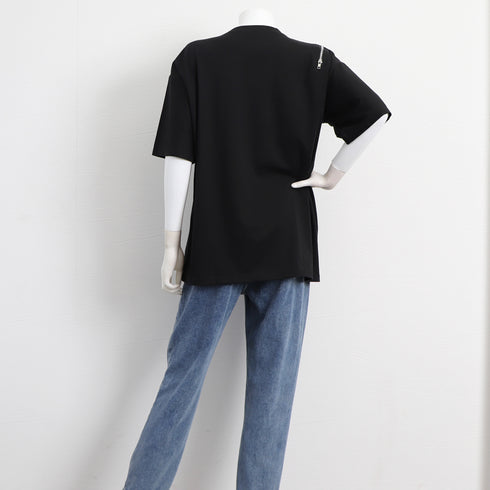 ロング ロゴtシャツ カットソー 半袖 レディース 夏服 Tシャツ 体型カバー ファスナー付き 肌見せ プルオーバー カジュアル トップス 33DW-046