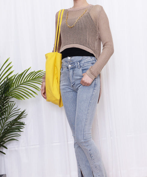 メッシュ編み サマーニット クルーネック レディース 韓国風ファッション 春夏 無地 チェーン付き おしゃれ ブラウス シアーニット 長袖 カジュアルニットソー 33DW-049