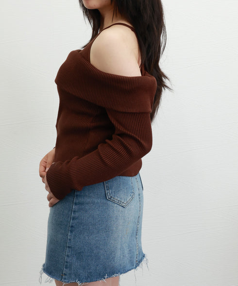 ニットトップス オフショルダー セーター 韓国ファッション 長袖ニット おしゃれ ストレッチセーター春 肩出しトップス カジュアルきれいめ セクシーニットソー 33DW-051