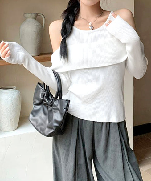 ニットトップス オフショルダー セーター 韓国ファッション 長袖ニット おしゃれ ストレッチセーター春 肩出しトップス カジュアルきれいめ セクシーニットソー 33DW-051