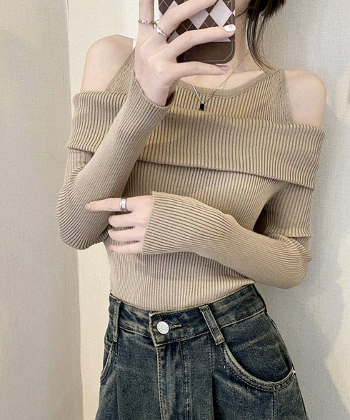 ニットトップス オフショルダー セーター 韓国ファッション 長袖ニット おしゃれ ストレッチセーター春 肩出しトップス カジュアルきれいめ セクシーニットソー 33DW-051