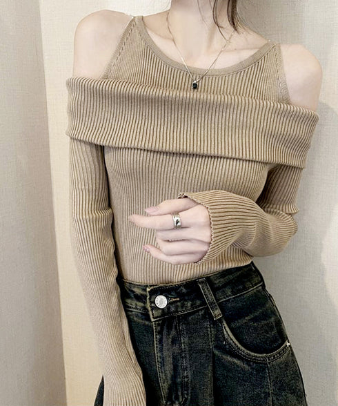 ニットトップス オフショルダー セーター 韓国ファッション 長袖ニット おしゃれ ストレッチセーター春 肩出しトップス カジュアルきれいめ セクシーニットソー 33DW-051