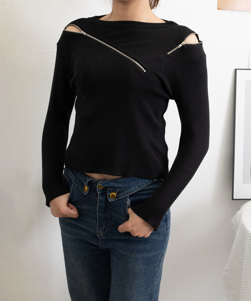 ニットトップス ニットセーター 春秋冬 レディース アシンメトリーデザイン ジッパー付き セクシートップス 韓国風 トレンド ファッション カジュアルニットソー 33DW-052