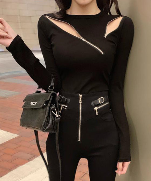 ニットトップス ニットセーター 春秋冬 レディース アシンメトリーデザイン ジッパー付き セクシートップス 韓国風 トレンド ファッション カジュアルニットソー 33DW-052