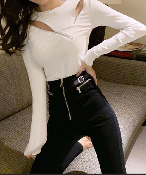 ニットトップス ニットセーター 春秋冬 レディース アシンメトリーデザイン ジッパー付き セクシートップス 韓国風 トレンド ファッション カジュアルニットソー 33DW-052