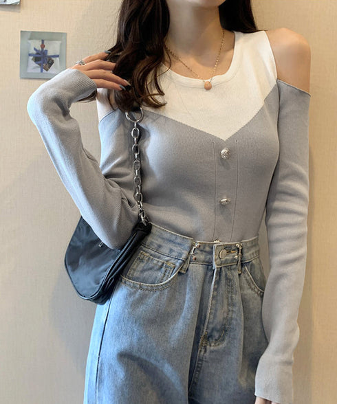 ニットトップス オフショルダーリブニット 肩出し カジュアルスタイル レディース 長袖 ボタン付き おしゃれ レイヤード風セーター韓国風 バイカラーニットトップス 33DW-053