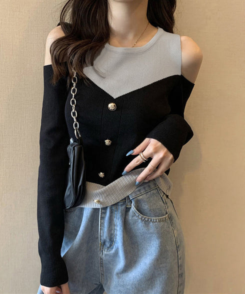 ニットトップス オフショルダーリブニット 肩出し カジュアルスタイル レディース 長袖 ボタン付き おしゃれ レイヤード風セーター韓国風 バイカラーニットトップス 33DW-053