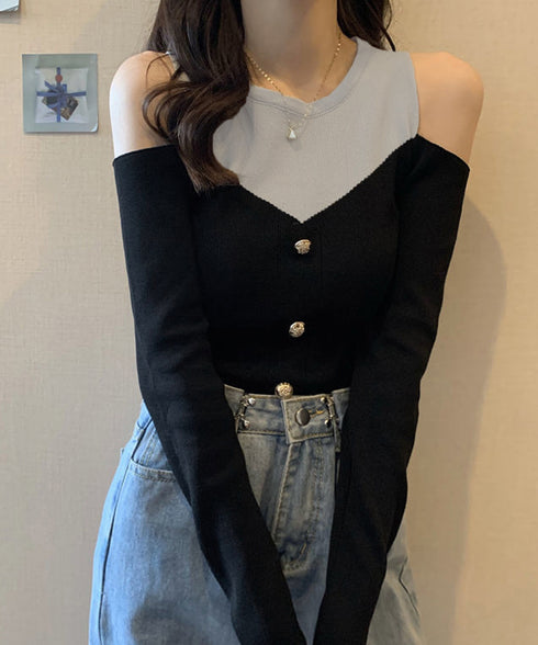 ニットトップス オフショルダーリブニット 肩出し カジュアルスタイル レディース 長袖 ボタン付き おしゃれ レイヤード風セーター韓国風 バイカラーニットトップス 33DW-053