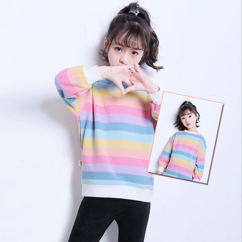 新作 子供服 キッズ 女の子 新作 子供服 キッズ 女の子 長袖Tシャツ レインボーストライプ トップス ゆったり シンプル カジュアル 人気 可愛い 33FYYFS-001
